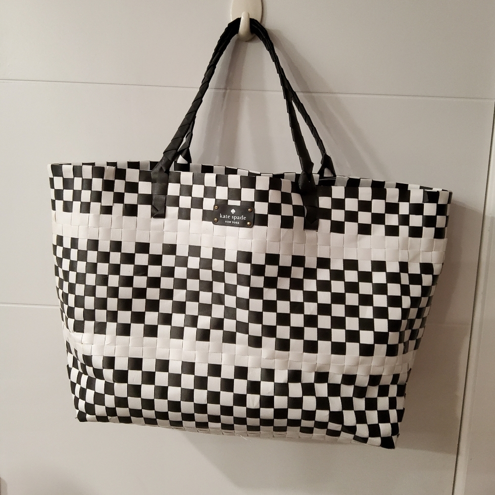 Kate Spade Black and White Woven Nylon Beach Tote Bag